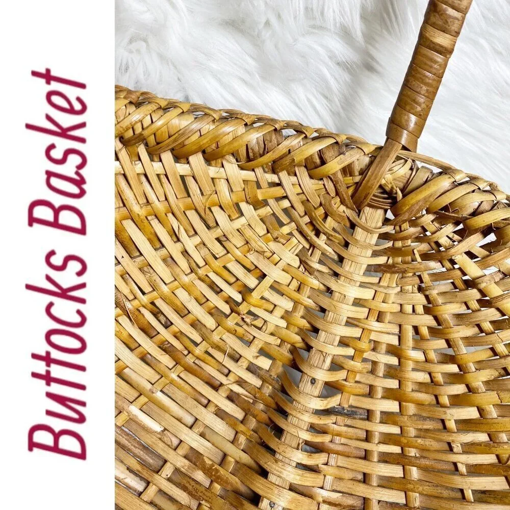BUTTOCKS BASKET‎ VTG Large Handmade Cottage Splint Ribbed Farmhouse Vintage